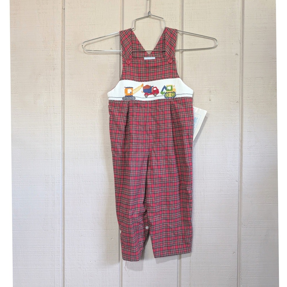 Vive La Fete Boys Red Plaid Smocked Transportation Overall Jon Jon